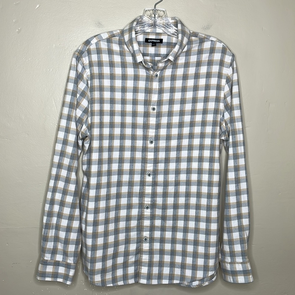 EXPRESS Button Down Flannel Shirt Gray & Tan Plaid Earthy Comfy Casual Small